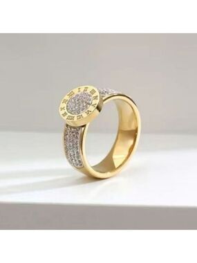 Stainless Steel 14K Gold Plated Numerals Inlaid Lab Diamond Luxury Ring Size 7